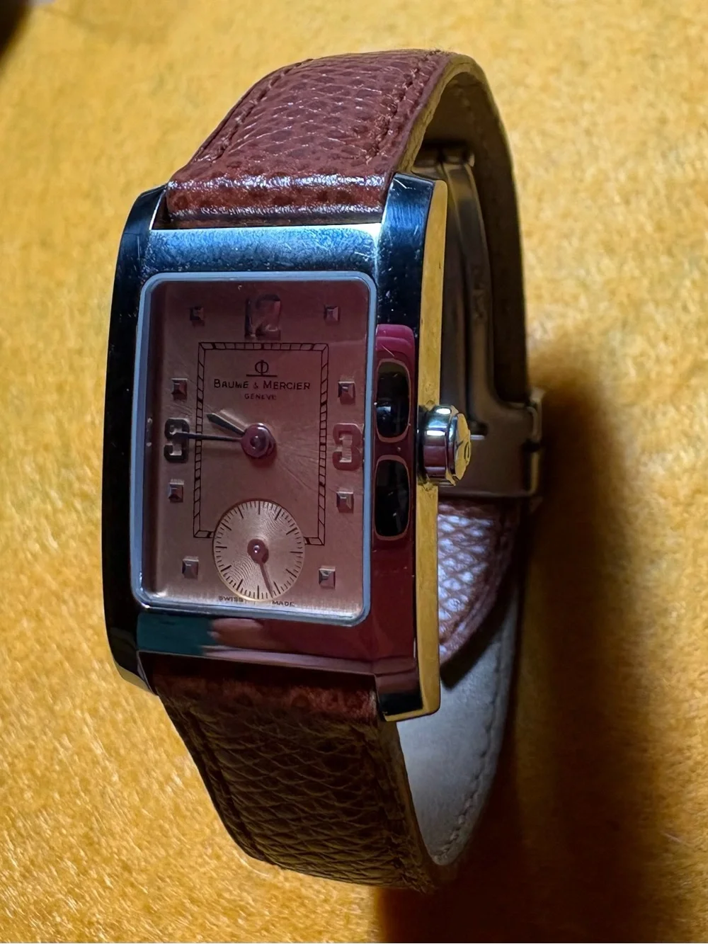 ⌚️”Baume & Mercier”Men's Rectangle Brown Leather Strap, Stainless Steele Watch.